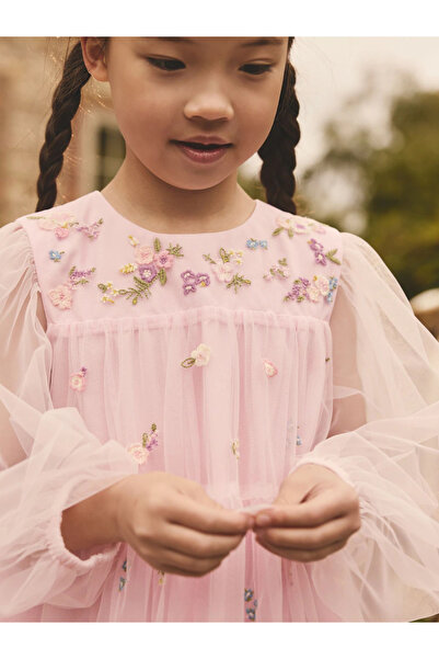 Next Baby Pink - Embroidered - Long Sleeve Tulle Mesh Party Dress
