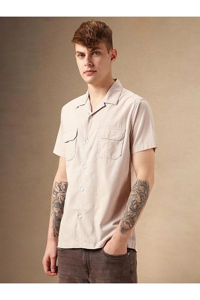 Dennis Lingo By Styli Solid Relaxed Fit Spread Collar Shirt with Pocket
