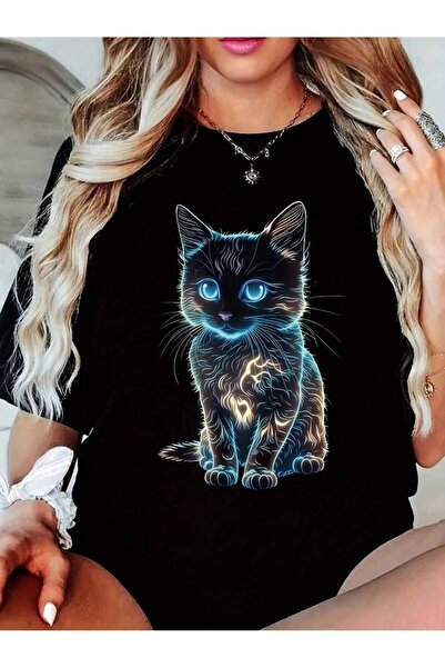 HOFFNUNG Μπλουζάκι με γραφικό Cat με στάμπα μεγάλου μεγέθους