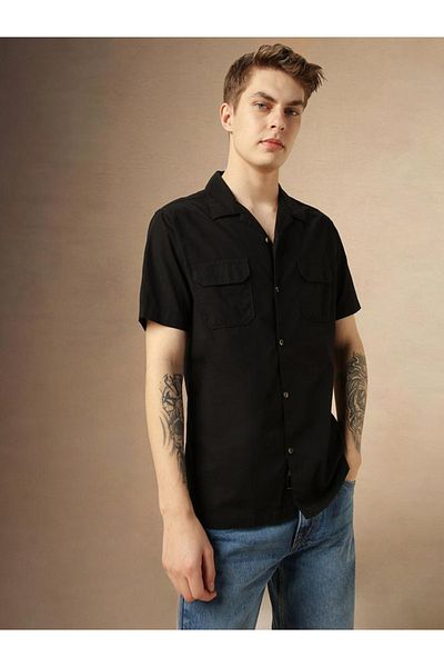 Dennis Lingo By Styli Solid Relaxed Fit Spread Collar Shirt with Pocket