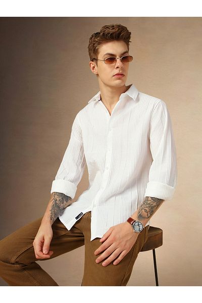 Dennis Lingo By Styli Relaxed Fit Spread Collar Textured Shirt with Pintuck Detail