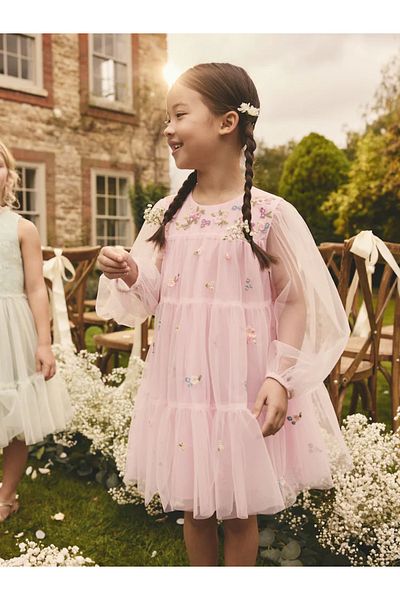 Next Baby Pink - Embroidered - Long Sleeve Tulle Mesh Party Dress
