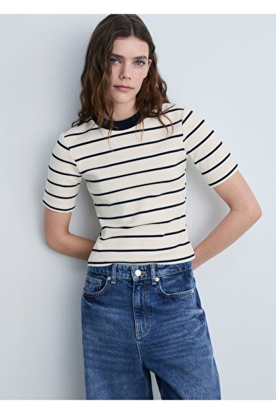 MANGO Woman Βαμβακερό ριγέ μπλουζάκι