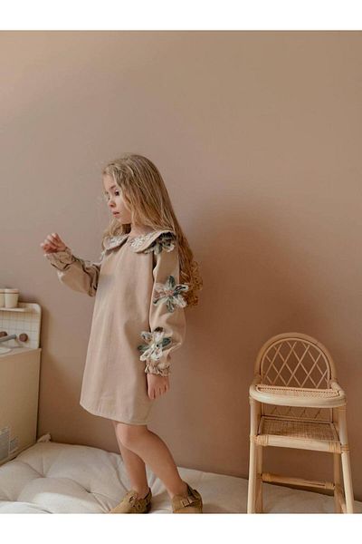 ARBİ kids Момиче, дете, цветя, апликирани ръкави, яка, детайли, стилна рокля за Байрам