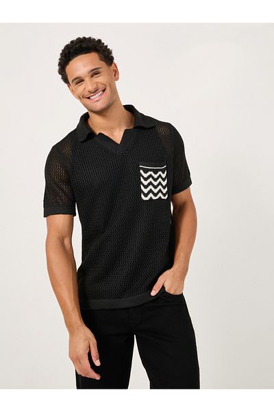 Styli Contrast Pocket Relaxed Crochet Knit Polo
