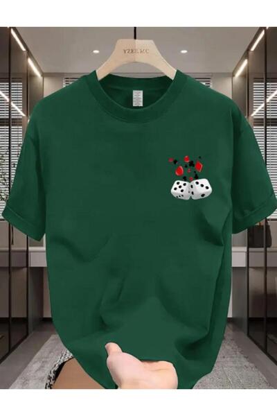 caddekombin Double Dice Printed Men's Cotton Combed Crew Neck Green T-Shirt