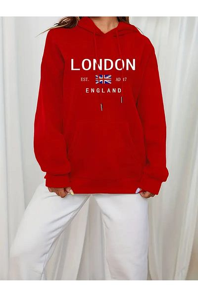 NEW TRENDY COLLECTİON Суитшърт с качулка и щампа Лондон, ежедневен суитшърт с дълъг ръкав и качулка