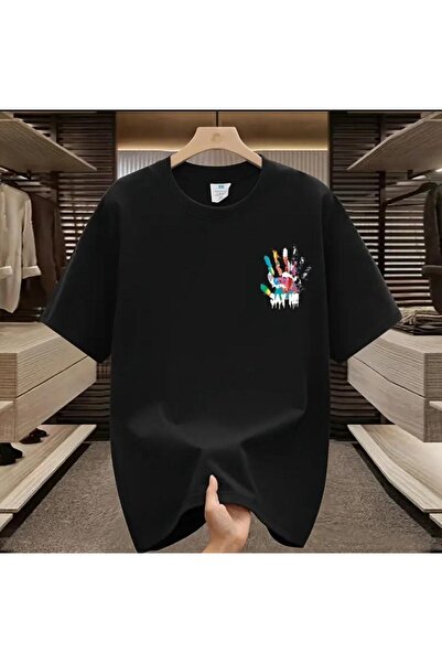 caddekombin Tricou negru pentru bărbați, din bumbac pieptănat, cu decolteu ro...
