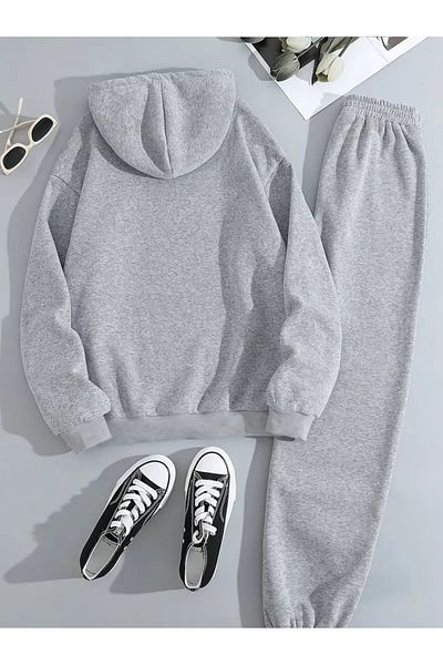 NEW TRENDY COLLECTİON 1 Set Gray Hoodie and Sweatpants Set, Letter Print, with Pockets