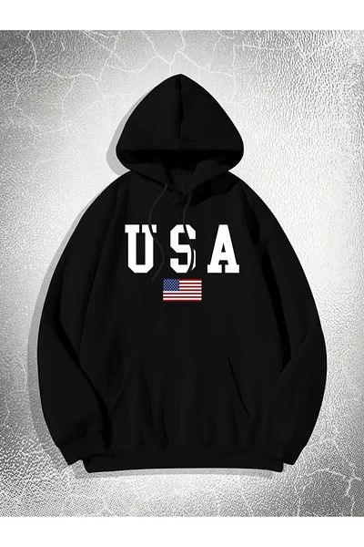 NEW TRENDY COLLECTİON Мъжки суитшърт с дълъг ръкав и качулка с шарка на американското знаме