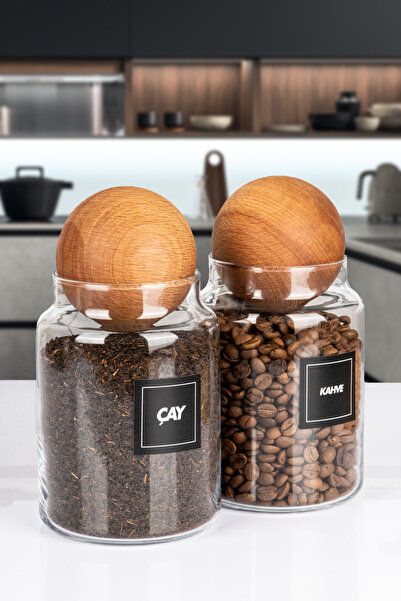 naturelove 2'li Ahşap Top Kapaklı Çay ve Kahve Kavanozu Saklama kabı Cam 1000 ML