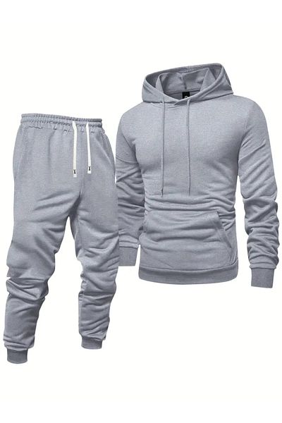 NEW TRENDY COLLECTİON Мъжки комплект суитшърт с дълъг ръкав и качулка + спортен панталон, сив