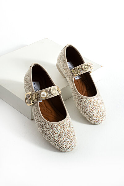 Neva'nın Butiği Kraki Kilim Fabric Γυναικείες μπαλαρίνες με στρογγυλά αξεσουάρ