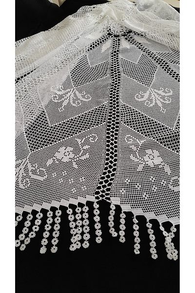 Papatyam Hand Knitted Crochet (175 cm Diameter) Fiskos Tablecloth Handcrafted Lace Set/Vintage/Floss Rope Knitted