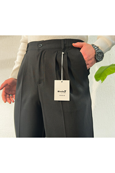 hello7 Baggy Çift Pileli Siyah Erkek Pantolon Rahat Kesim Klasik Bol Paça Yeni Sezon