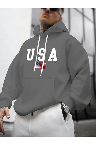 NEW TRENDY COLLECTİON Men's Long Sleeve Hooded Sweatshirt with America Flag Print
