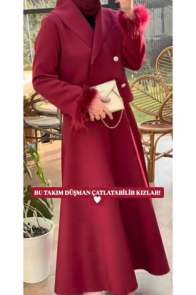 Uçan Fil Burgundy Rose Hijab Double Skirt Jacket Set