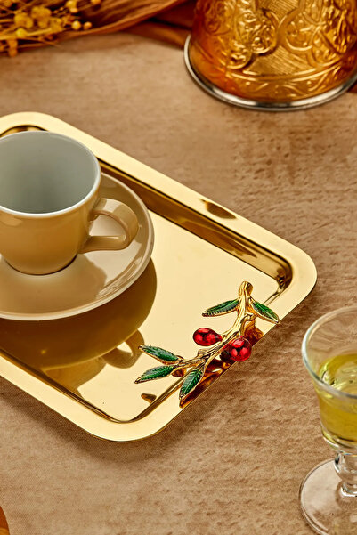 Turkco 1 Adet Elegante Gold Serisi Duo Bacche Rosso Kulp Desenli Sunum Tepsis...
