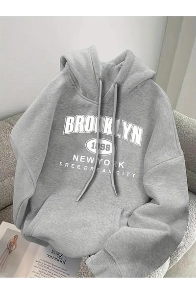 NEW TRENDY COLLECTİON Brooklyn 1989 Freedom City Print, Men's Drawstring Long Sleeve Sweatshirt