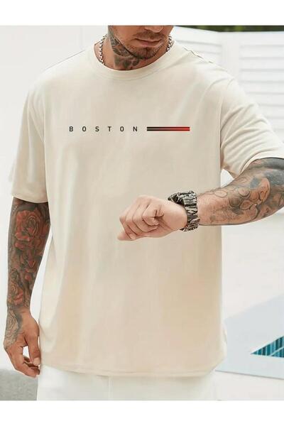 caddekombin Boston Printed Men's Cotton Combed Crew Neck Beige T-Shirt