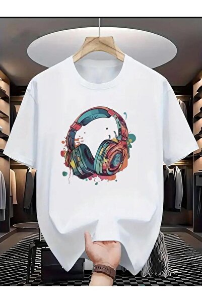 caddekombin Headphone Printed Men's Cotton Combed Crew Neck White T-Shirt