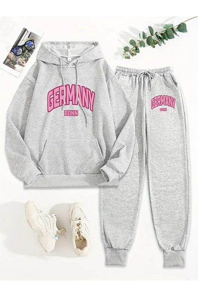 NEW TRENDY COLLECTİON Long Sleeve Letter Print Hoodie and Pants Set, Knit Fabric, Fall/Winter
