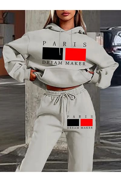 NEW TRENDY COLLECTİON 2025 Trend Paris Inspired Letters Printed Women's Hoodie & Jogger Set