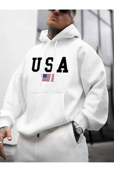 NEW TRENDY COLLECTİON Ανδρικό φούτερ με μακρυμάνικο κουκούλα με σχέδιο σημαίας Αμερικής