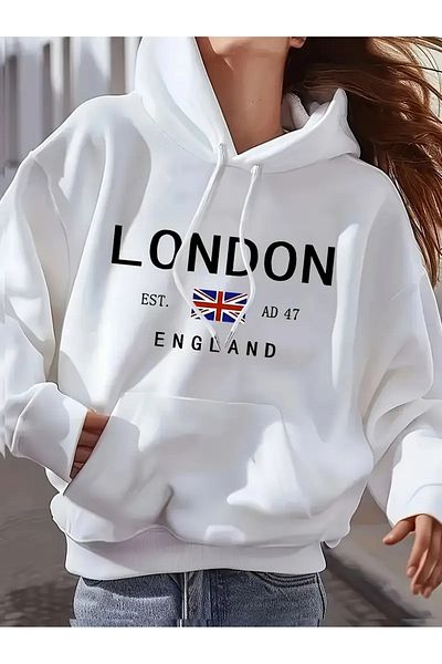 NEW TRENDY COLLECTİON Γυναικεία φούτερ με κουκούλα από πολυεστέρα, με στάμπα London England