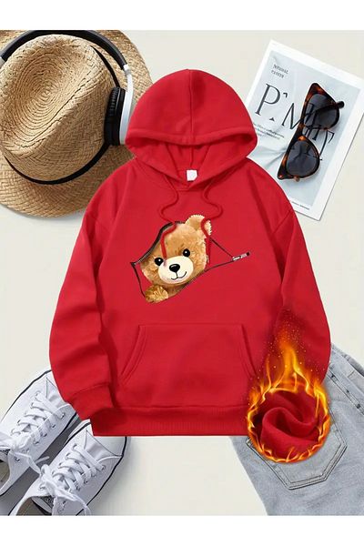NEW TRENDY COLLECTİON Women's Casual Hooded Sweatshirt with Cartoon Bear Print