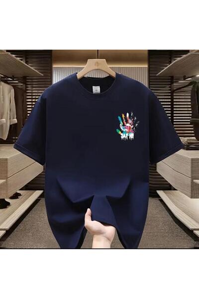 caddekombin Back Hand Printed Men's Cotton Combed Crew Neck Navy Blue T-Shirt