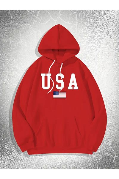 NEW TRENDY COLLECTİON Мъжки суитшърт с дълъг ръкав и качулка с шарка на американското знаме