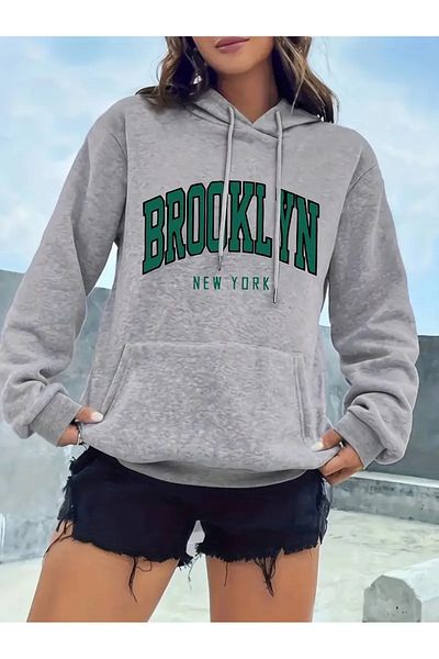 NEW TRENDY COLLECTİON Casual Brooklyn New York Graphic Hoodie for Women - 100%
