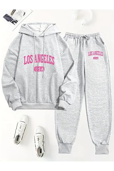 NEW TRENDY COLLECTİON Two Pieces Set, Los Angeles Usa Letter Print, Long Sleeve Hooded Sweatshirt and Pants