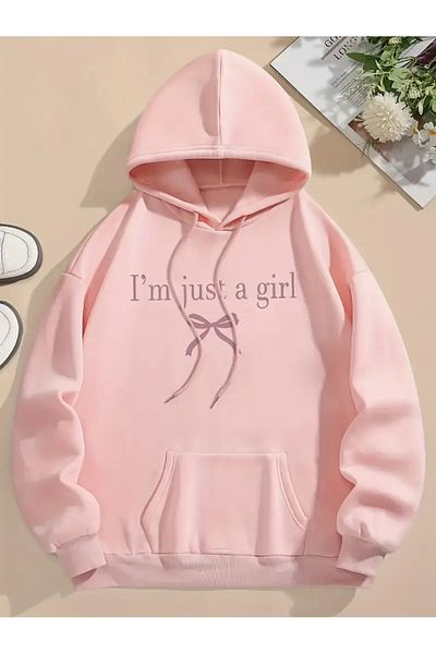 NEW TRENDY COLLECTİON Γυναικείο casual ροζ κουκούλα με στάμπα "I'M JUST A GIRL" - Άνετο μακρυμάνικο