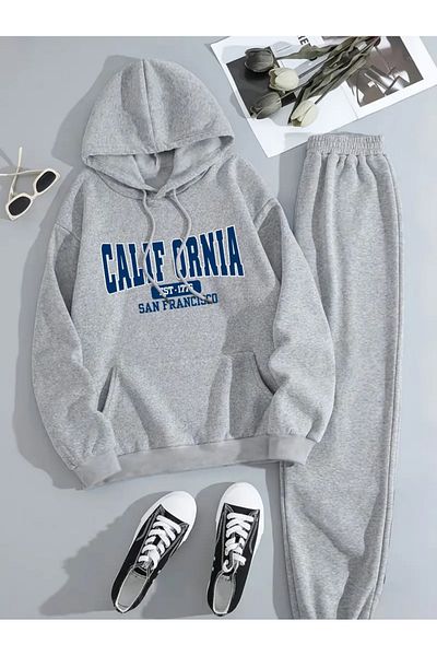 NEW TRENDY COLLECTİON 1 Set Gray Hoodie and Sweatpants Set, Letter Print, with Pockets