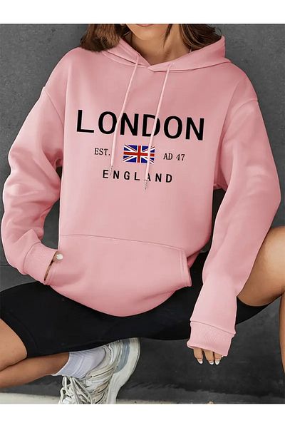 NEW TRENDY COLLECTİON London Print Drawstring Hoodie, Casual φούτερ με κουκούλα με μακριά μανίκια