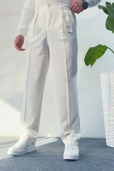 hello7 Baggy Double Pleated White Men's Trousers Relaxed Fit Classic Wide Leg New Season
