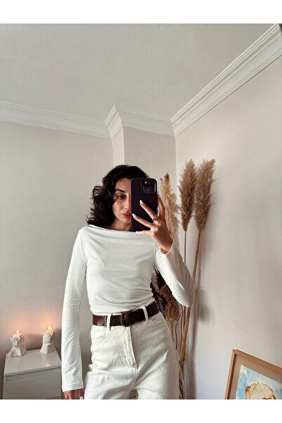 SANX Kadın Beyaz Kayık Yaka Bluz Uzun Kollu Basic Günlük Casual Modern Klasik Rahat Ofis Bluz