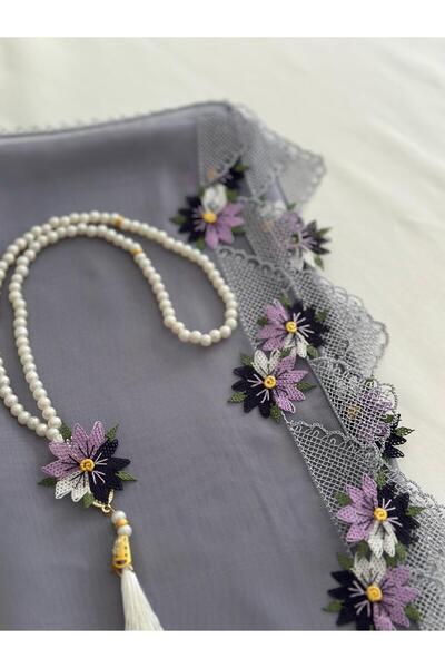 NUMİSTORE Iğne oyası tesbihli gri renk namaz örtüsü