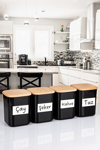 naturelove 4'lü Ahşap Vakumlu Kapaklı Kare Akrilik Çay Şeker Kahve Tuz Erzak ...