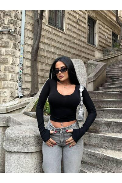 Moda Küpü Kadın Siyah V Yaka Parmak Gecırmeli Body