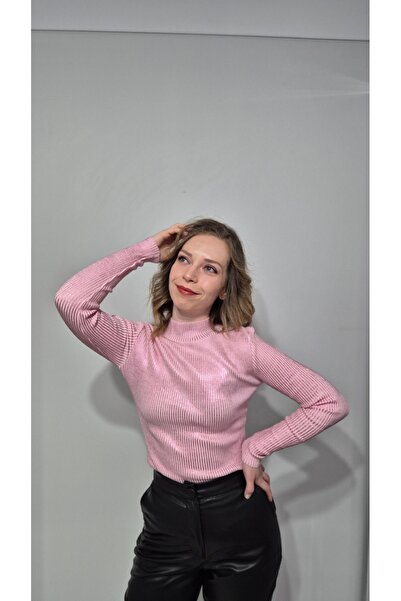 LONCA Balıkçı Yaka Metalik Triko Pembe Bluz