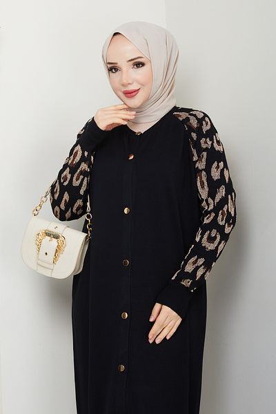 Pamuk Butik Women's Leopard Sleeve Mercerized Knitwear Cardigan