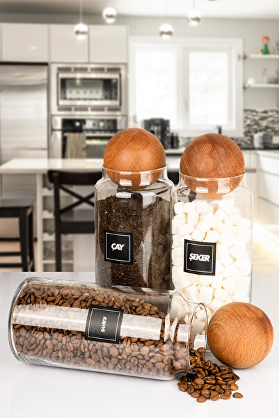 naturelove 3'lü Ahşap Top Kapaklı 1400 Ml Çay Şeker Kahve  Erzak Saklama Kava...
