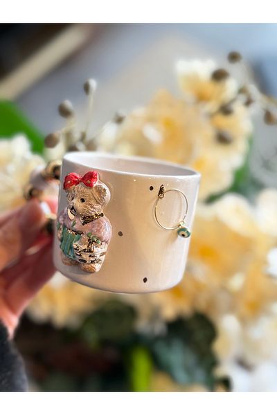 Pernotte Handmade 24K Gold Plated Teddy Evil Eye Double Turkish Coffee Cup with Earrings