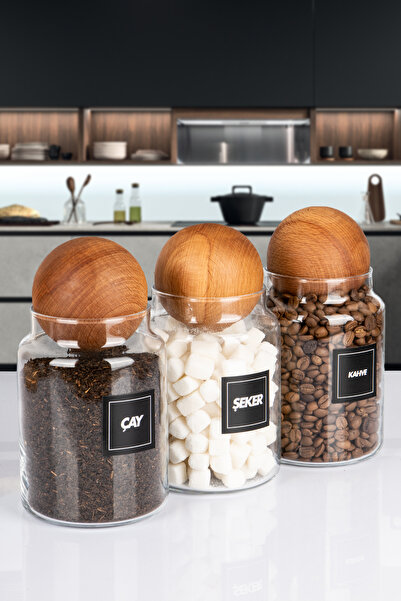 naturelove 3'lü Ahşap Top Kapaklı 1000 Ml Çay Şeker Kahve  Erzak Saklama Kava...