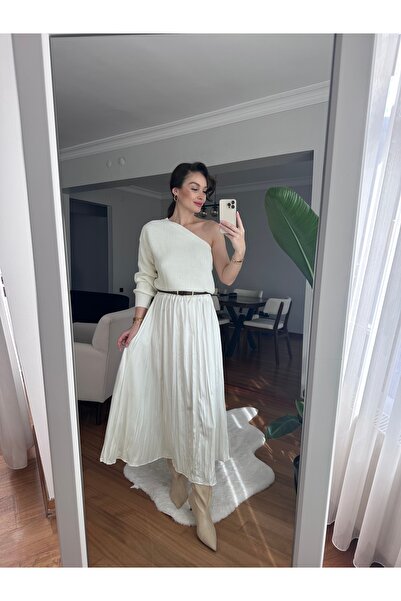 TUBA İNAN Women's Long Midi Ecru Skirt