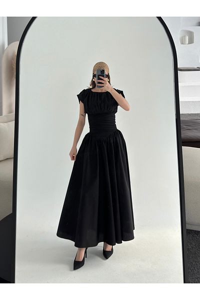 ForOre Black Vintage Drapely Style Short Sleeve Waisted Long Dress Wedding - Evening Dress - Grade