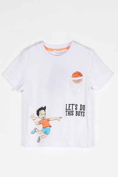 zepkids Crew Neck Short Sleeve Lets Do This Print White Color Boy's T-shirt with Mesh Pocket